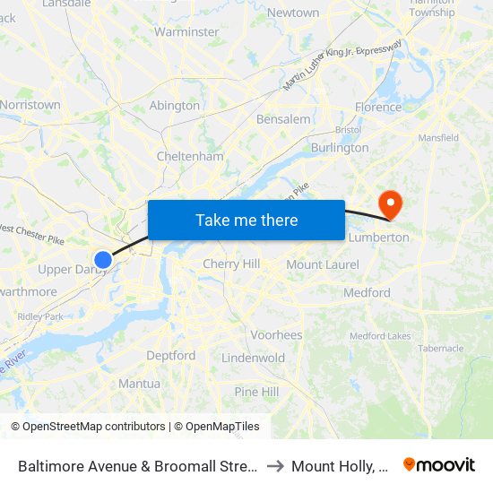 Baltimore Avenue & Broomall Street to Mount Holly, NJ map