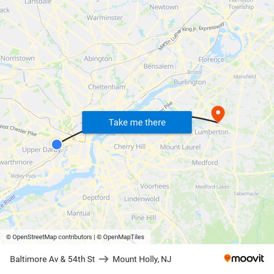 Baltimore Av & 54th St to Mount Holly, NJ map