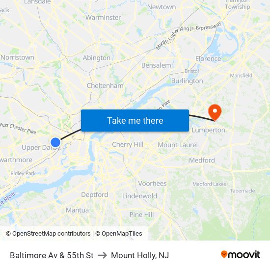 Baltimore Av & 55th St to Mount Holly, NJ map