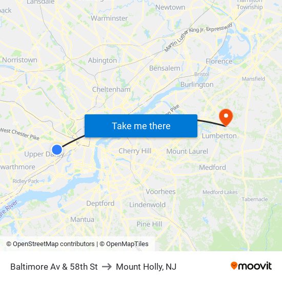 Baltimore Av & 58th St to Mount Holly, NJ map