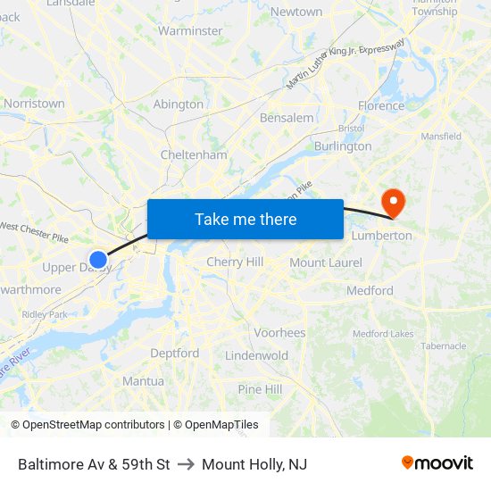 Baltimore Av & 59th St to Mount Holly, NJ map