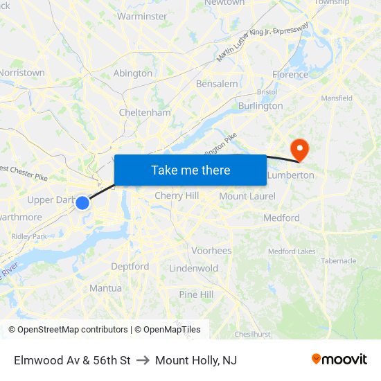 Elmwood Av & 56th St to Mount Holly, NJ map