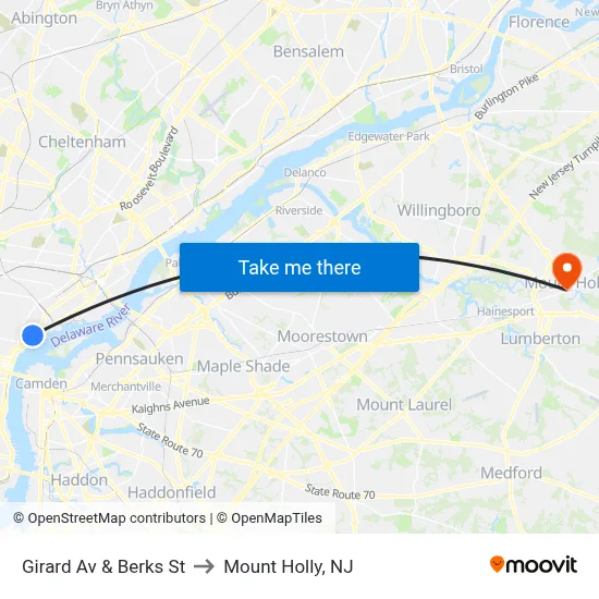 Girard Av & Berks St to Mount Holly, NJ map