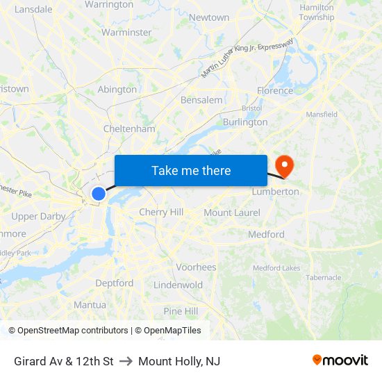 Girard Av & 12th St to Mount Holly, NJ map