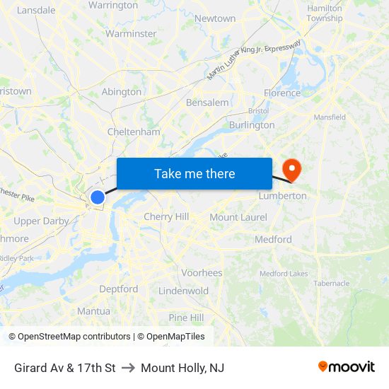 Girard Av & 17th St to Mount Holly, NJ map