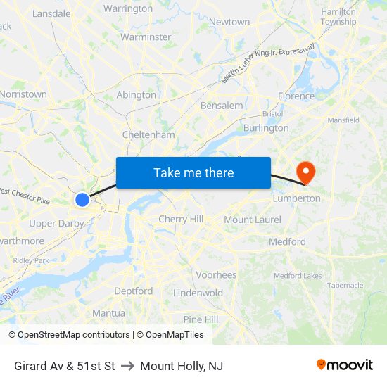 Girard Av & 51st St to Mount Holly, NJ map