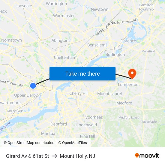 Girard Av & 61st St to Mount Holly, NJ map