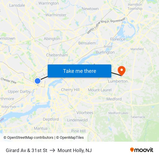 Girard Av & 31st St to Mount Holly, NJ map