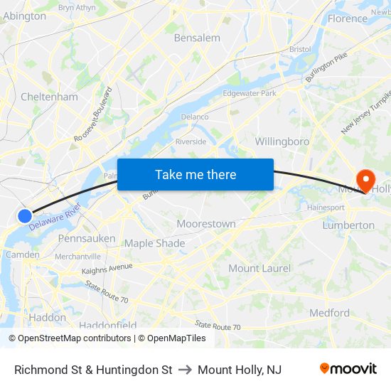 Richmond St & Huntingdon St to Mount Holly, NJ map