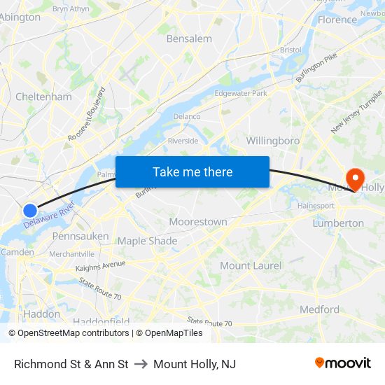 Richmond St & Ann St to Mount Holly, NJ map