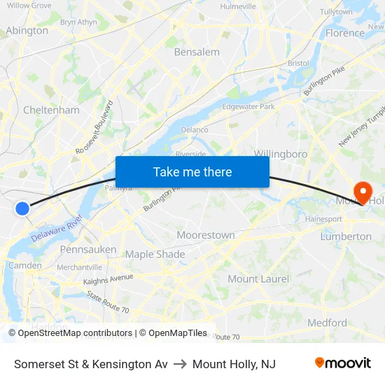 Somerset St & Kensington Av to Mount Holly, NJ map