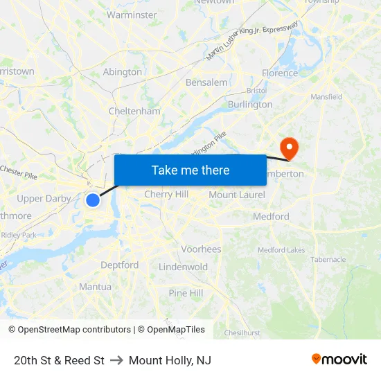 20th St & Reed St to Mount Holly, NJ map