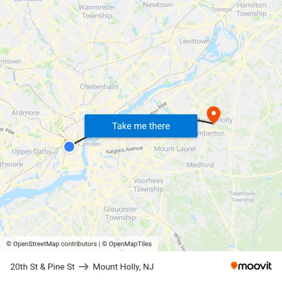 20th St & Pine St to Mount Holly, NJ map