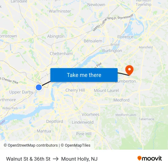 Walnut St & 36th St to Mount Holly, NJ map