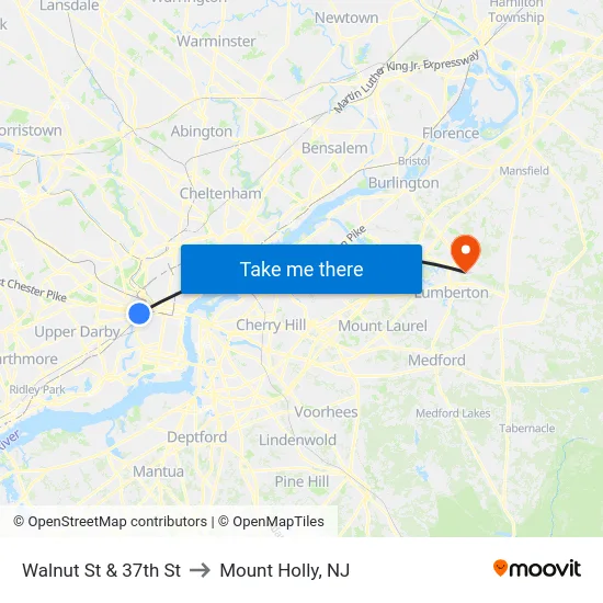 Walnut St & 37th St to Mount Holly, NJ map
