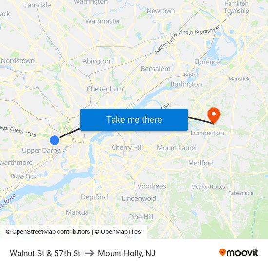 Walnut St & 57th St to Mount Holly, NJ map