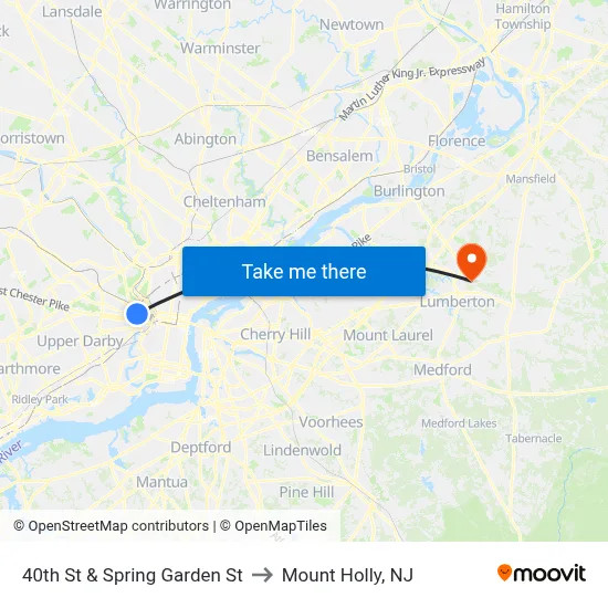 40th St & Spring Garden St to Mount Holly, NJ map