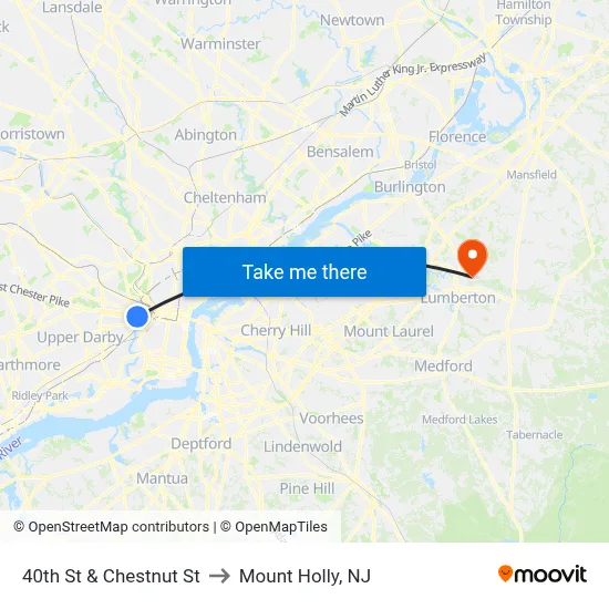 40th St & Chestnut St to Mount Holly, NJ map