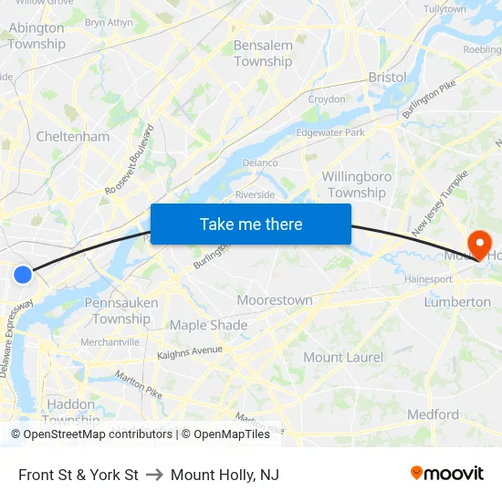 Front St & York St to Mount Holly, NJ map
