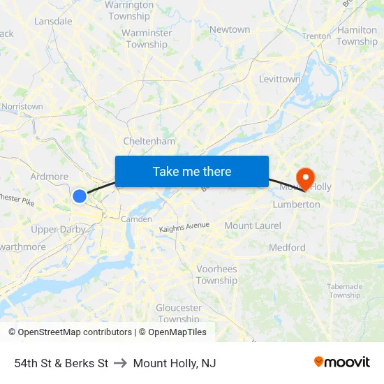 54th St & Berks St to Mount Holly, NJ map