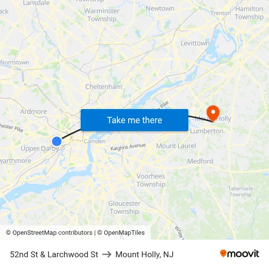52nd St & Larchwood St to Mount Holly, NJ map