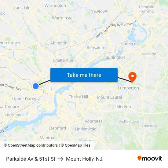 Parkside Av & 51st St to Mount Holly, NJ map