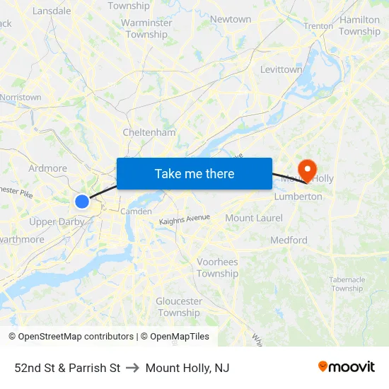 52nd St & Parrish St to Mount Holly, NJ map