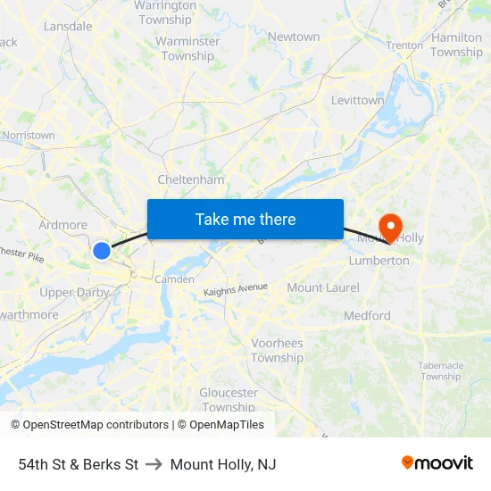 54th St & Berks St to Mount Holly, NJ map