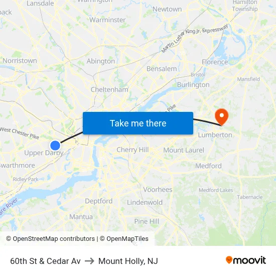 60th St & Cedar Av to Mount Holly, NJ map