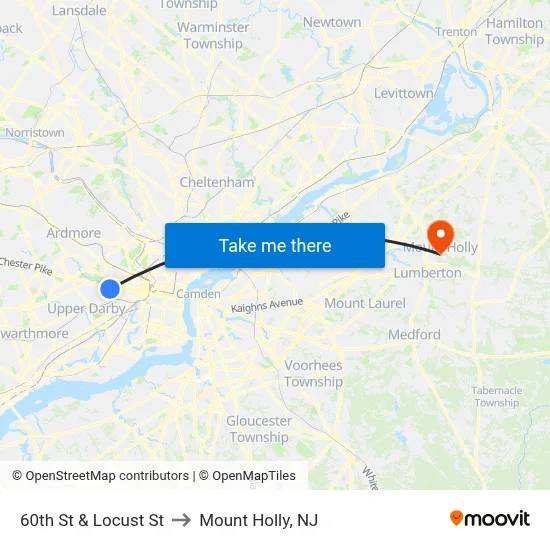 60th St & Locust St to Mount Holly, NJ map