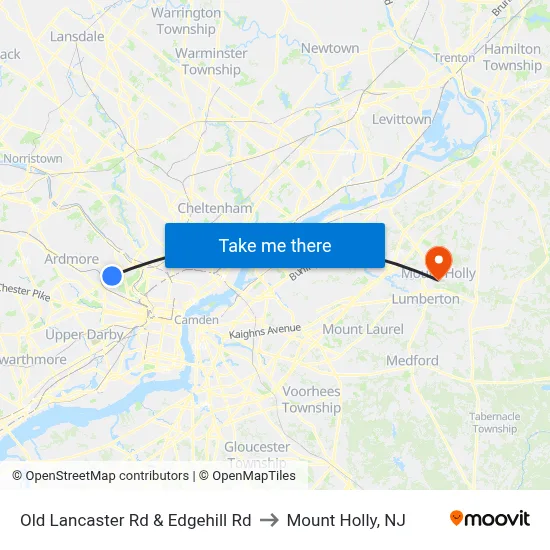 Old Lancaster Rd & Edgehill Rd to Mount Holly, NJ map