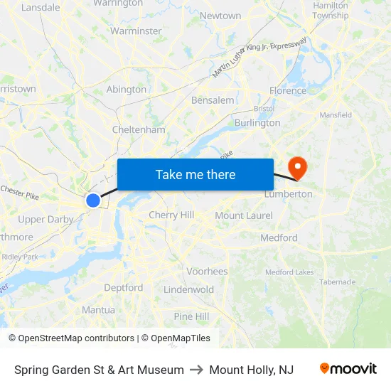 Spring Garden St & Art Museum to Mount Holly, NJ map
