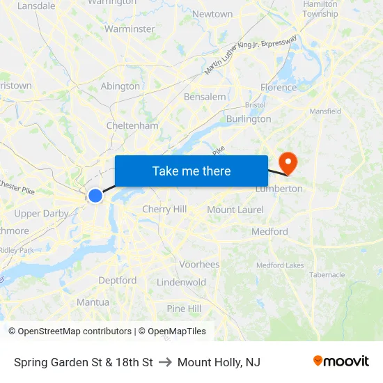 Spring Garden St & 18th St to Mount Holly, NJ map