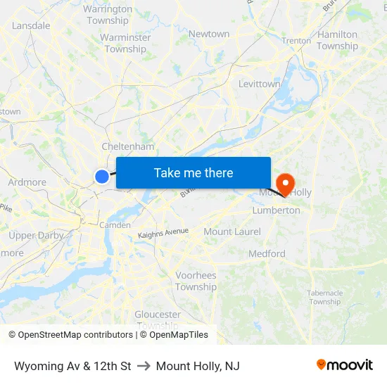 Wyoming Av & 12th St to Mount Holly, NJ map