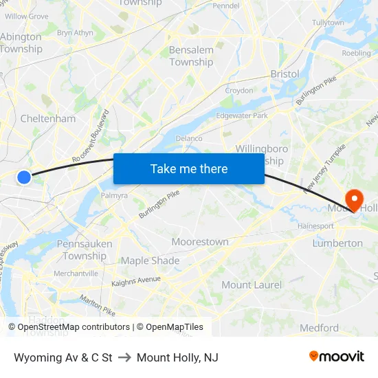 Wyoming Av & C St to Mount Holly, NJ map