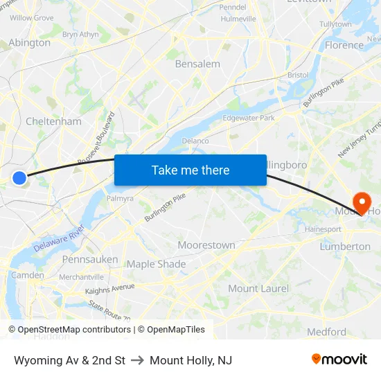 Wyoming Av & 2nd St to Mount Holly, NJ map