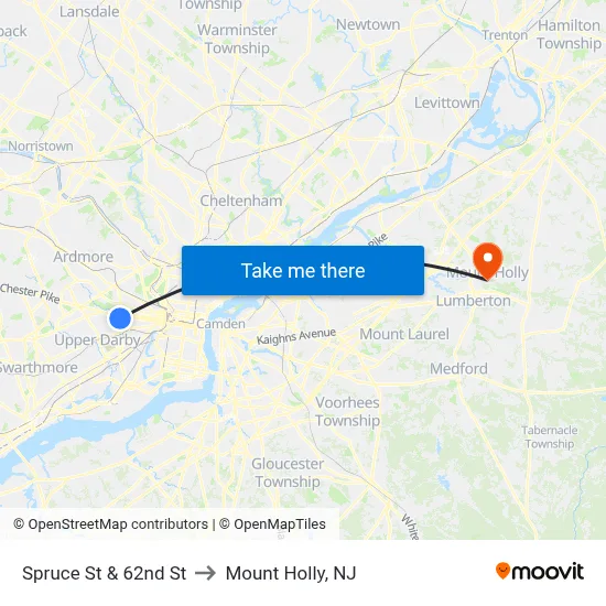 Spruce St & 62nd St to Mount Holly, NJ map