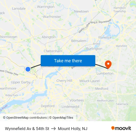 Wynnefield Av & 54th St to Mount Holly, NJ map