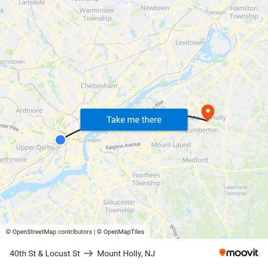 40th St & Locust St to Mount Holly, NJ map