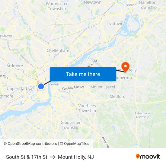 South St & 17th St to Mount Holly, NJ map