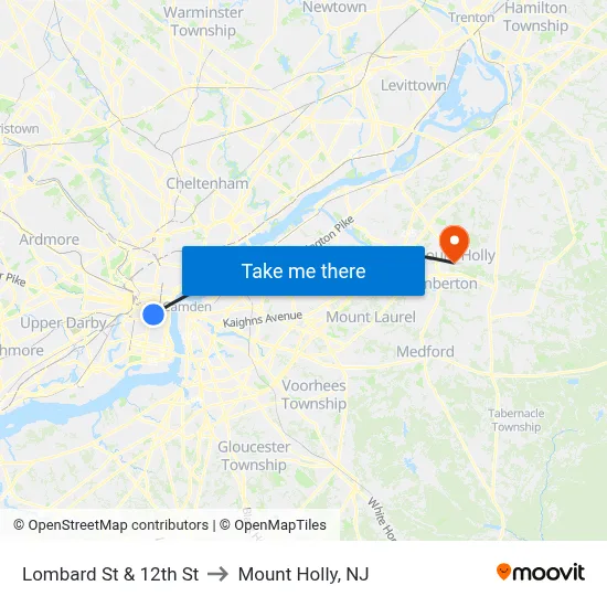 Lombard St & 12th St to Mount Holly, NJ map