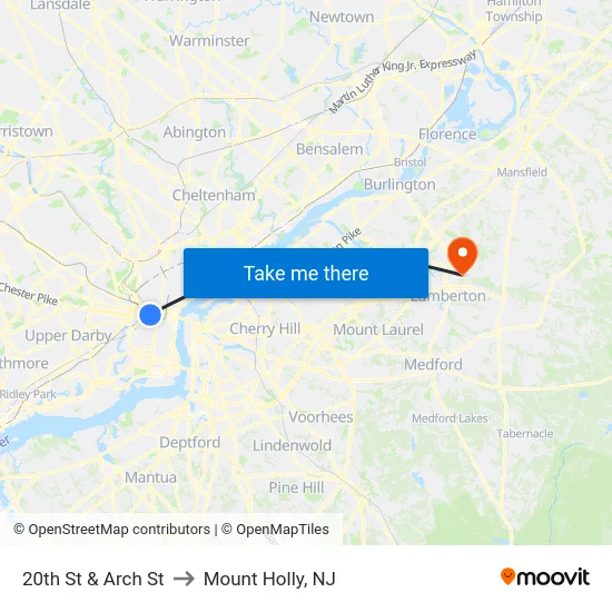 20th St & Arch St to Mount Holly, NJ map