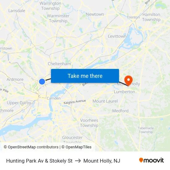 Hunting Park Av & Stokely St to Mount Holly, NJ map