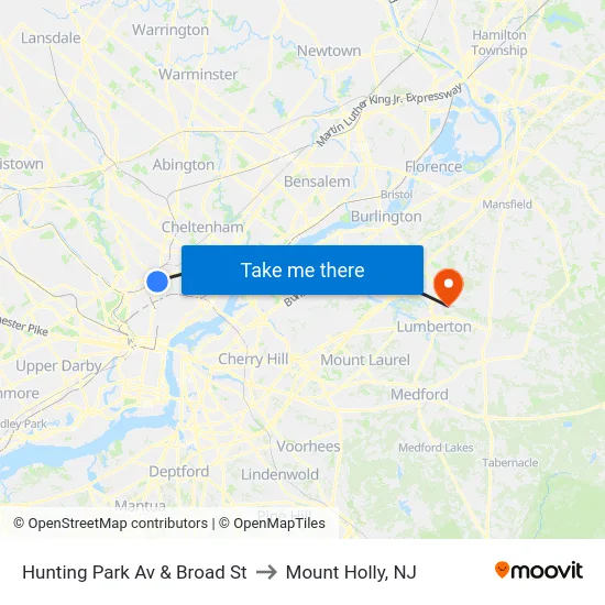 Hunting Park Av & Broad St to Mount Holly, NJ map