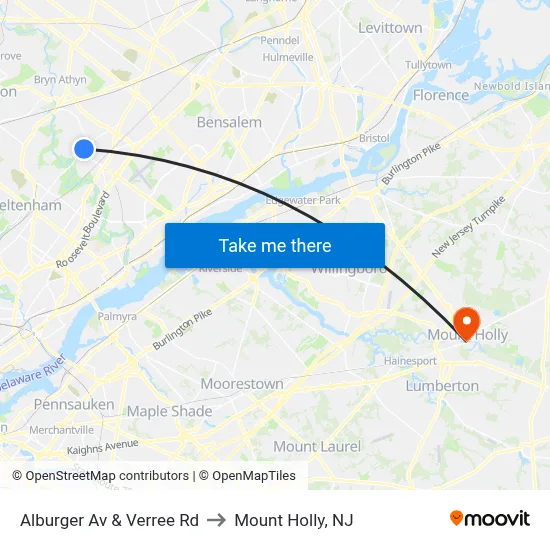 Alburger Av & Verree Rd to Mount Holly, NJ map