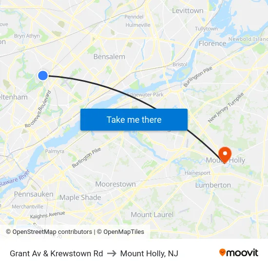 Grant Av & Krewstown Rd to Mount Holly, NJ map