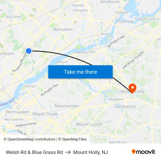 Welsh Rd & Blue Grass Rd to Mount Holly, NJ map