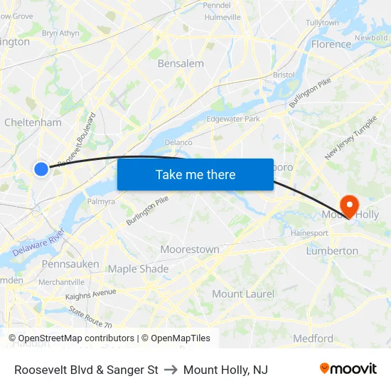 Roosevelt Blvd & Sanger St to Mount Holly, NJ map