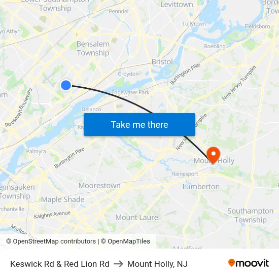 Keswick Rd & Red Lion Rd to Mount Holly, NJ map