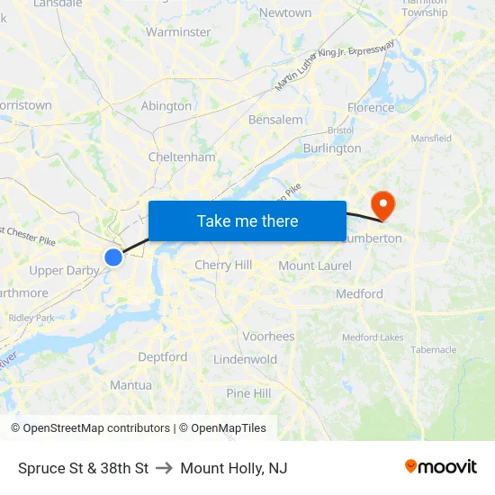 Spruce St & 38th St to Mount Holly, NJ map
